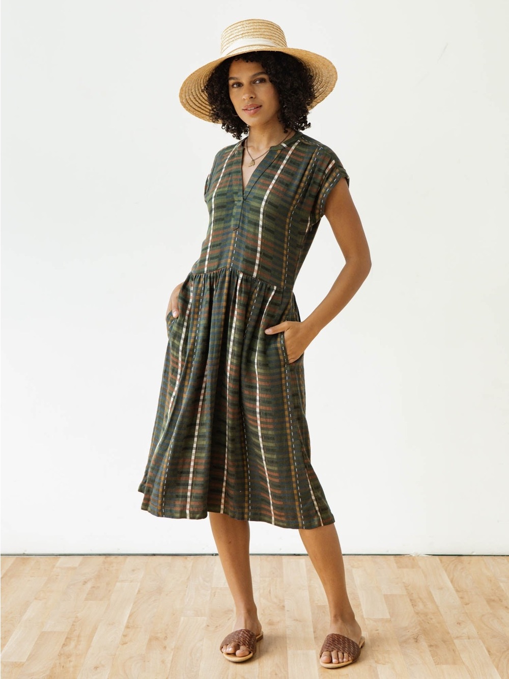Striped Olive Midi Dress with V-Neck